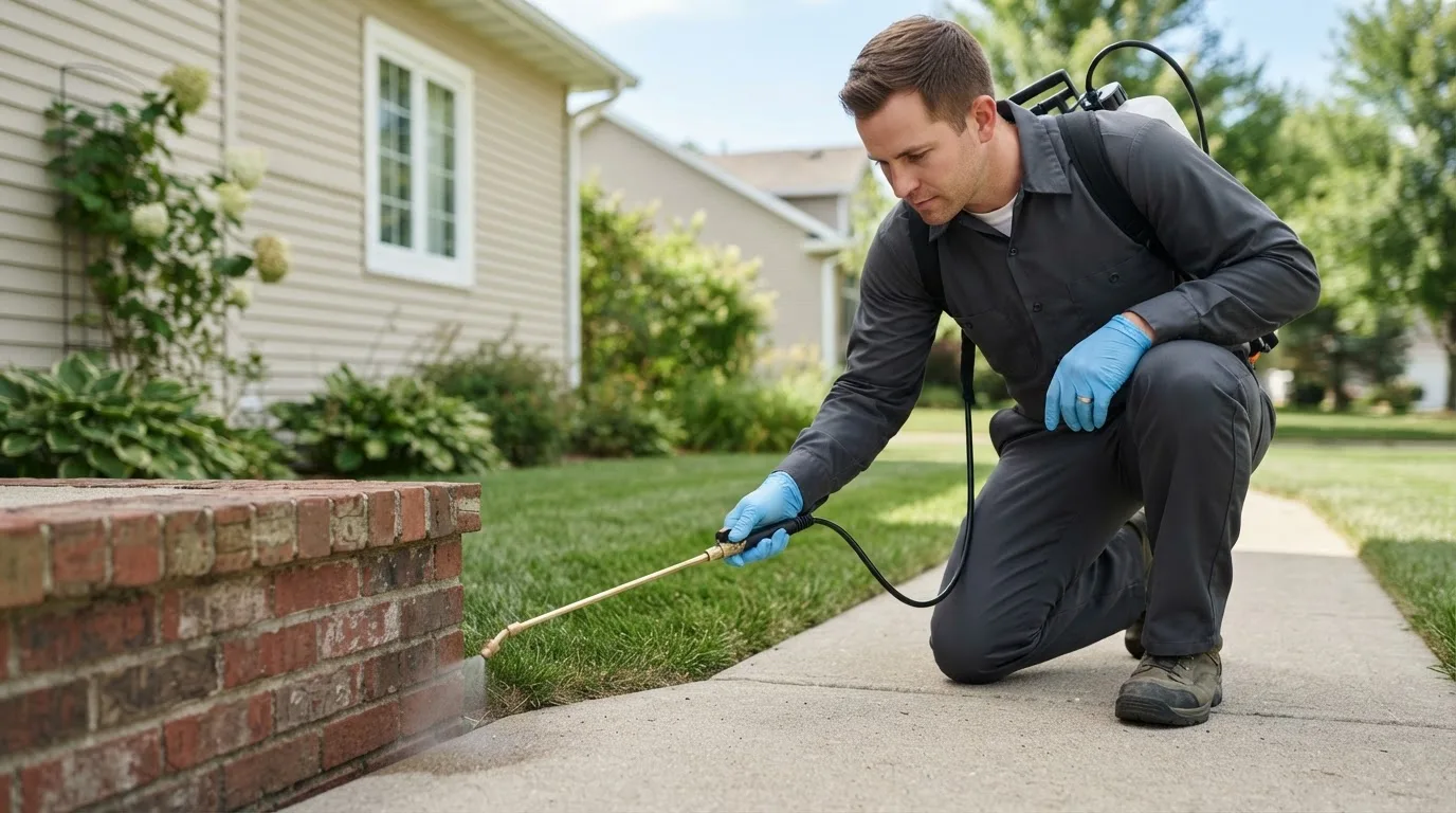Pest control technician treating a home near Norman, IN
