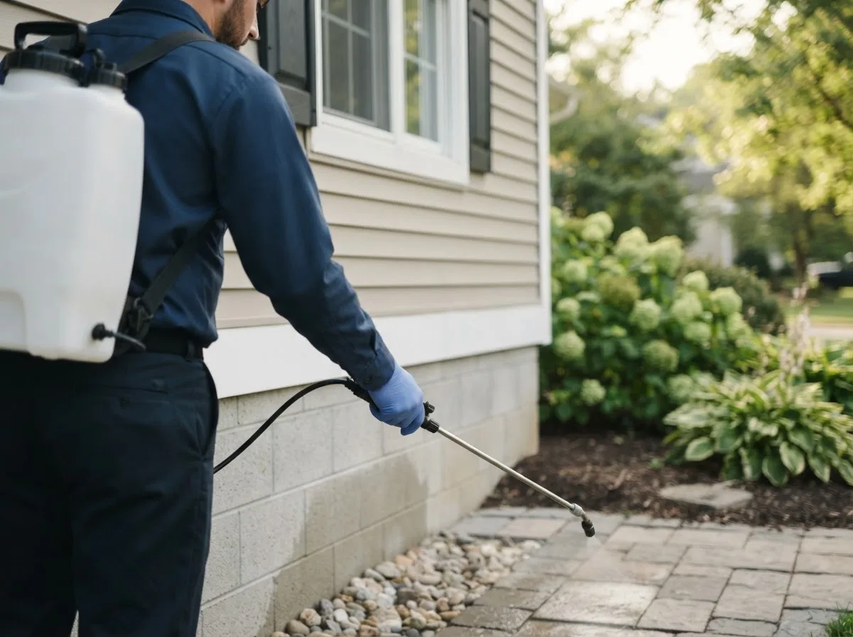 Pest control technician inspecting a home in Norman, IN